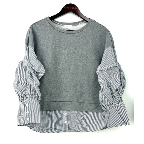 Mello Day Women Sweatshirt Heather Gray Striped Top Pleated Ruched Sz L 1167T1 - Picture 1 of 12